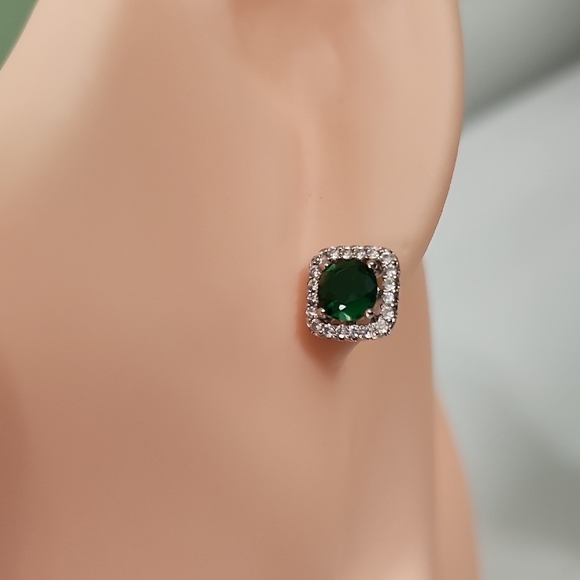 Silver and Green Emerald Stud Earrings with Crystal Halo - Picture 4 of 4
